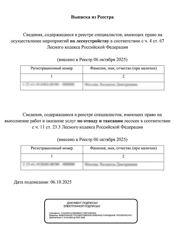 Выписка из реестра специалистов по лесоустройству и таксации лесосек №1