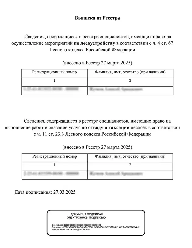 Выписка из реестра специалистов по лесоустройству и таксации лесосек №2